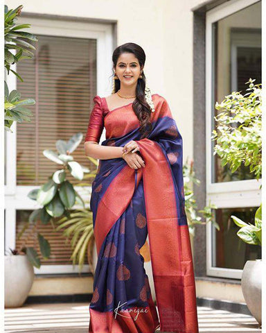 Royal Blue Red Border Banarasi Beautiful Zari Work In Form Of Traditio –  garment villa